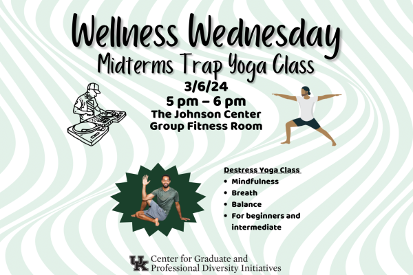 Wellness wednesday midterm trap yoga 3/6/24, 5-6pm Johnson center