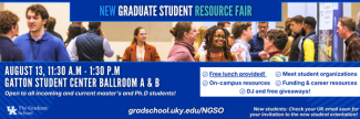 New Graduate Student Orientation & Resource Fair, Aug. 13 11:30-1:30, Gatton student center Ballroom A & B