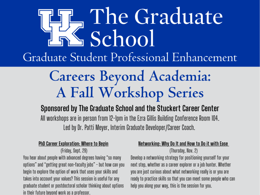 Careers Beyond Academia: A Fall Workshop Series   Sponsored by The Graduate School and the Stuckert Career Center   All workshops are held in person only 12:00 p.m. to 1:00 p.m. in the Gillis Building Conference Room (104) Led by Dr. Patti Meyer, Interim Graduate Career Developer/Career Coach PhD Career Exploration: Where to Begin (Friday, Sept. 29)  You hear about people with advanced degrees having “so many options” and “getting great non-faculty jobs” - but how can you begin to explore the option of work