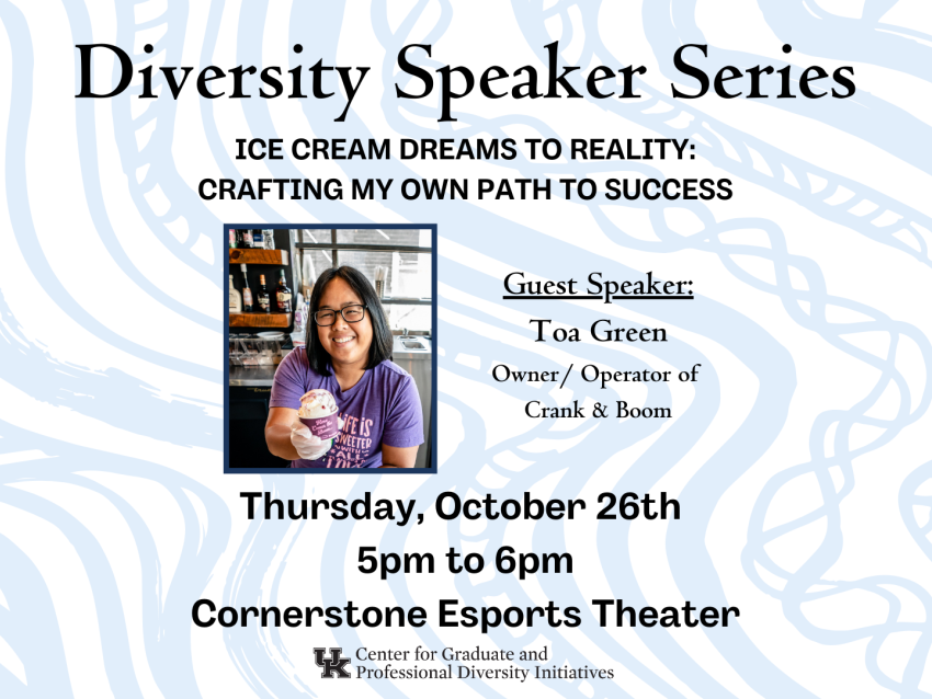 Diversity speaker series. Toa Green. October 26 5-6pm Cornerstone Esports theater