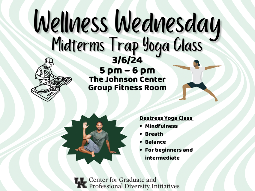 Wellness wednesday midterm trap yoga 3/6/24, 5-6pm Johnson center